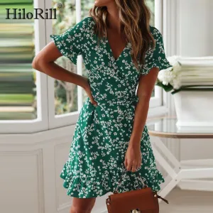 Bohemian Summer Boho Floral Print Casual Beach V-Neck Wrap Bodycon Mini Dress Ruffles Sundress