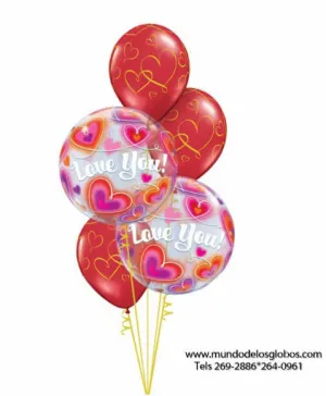 Bouquet de Burbujas de Corazones Love You y Globos Rojos con Corazones Amarillos