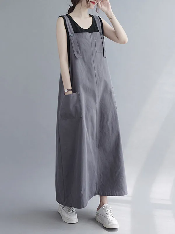 Casual Solid Color With Pocket Suspender Dress