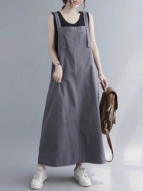 Casual Solid Color With Pocket Suspender Dress