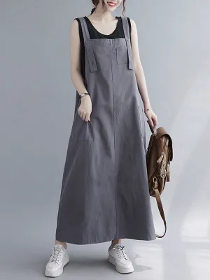 Casual Solid Color With Pocket Suspender Dress