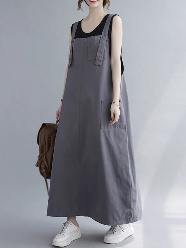 Casual Solid Color With Pocket Suspender Dress