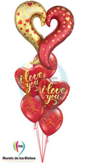 Corazón Silueta Gigante Dorado y Rojo metálico de 30" pulgadas con Corazones "I love You" Gold Script de 18" metálicos con látex de corazones dorados impresos