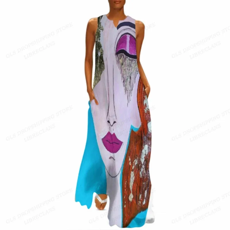 Fashion Long Dress Sleeveless Loose Casual African Women Dress Party Evening Robe Femme Beach Dress Beach Vestidos Max Holiday