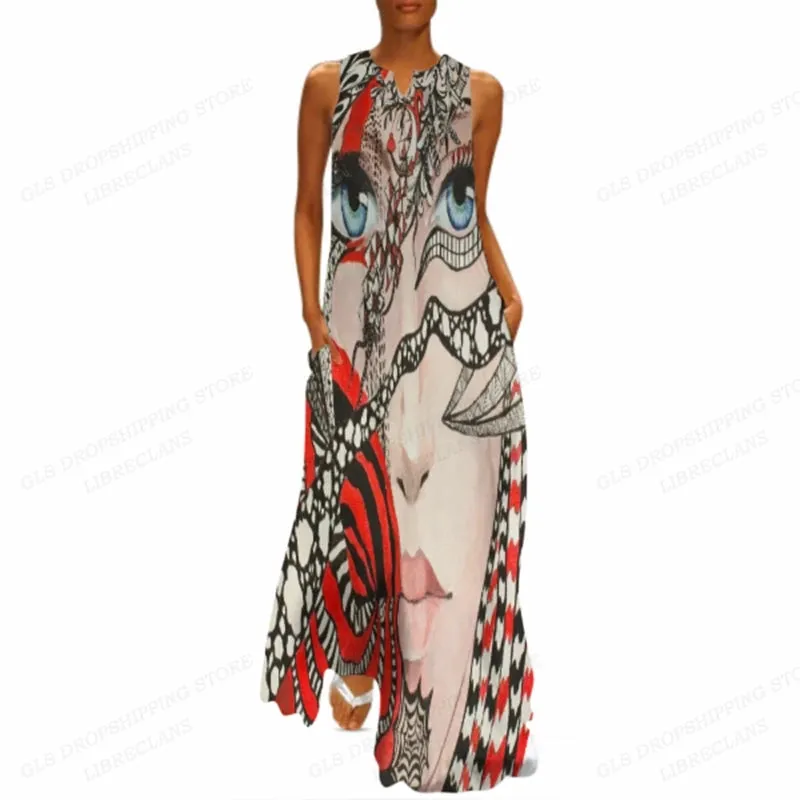 Fashion Long Dress Sleeveless Loose Casual African Women Dress Party Evening Robe Femme Beach Dress Beach Vestidos Max Holiday