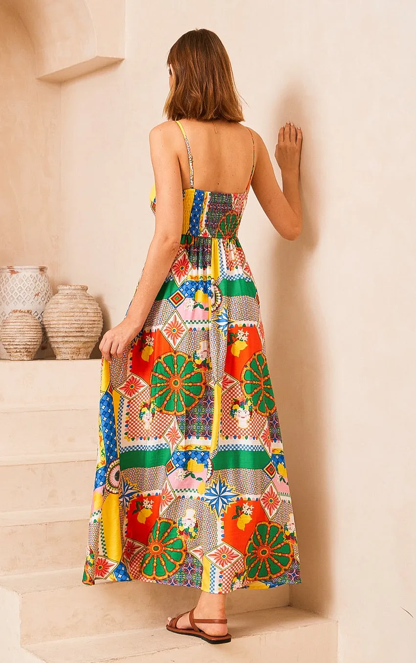 Frida Multi Color Print Maxi  Dress