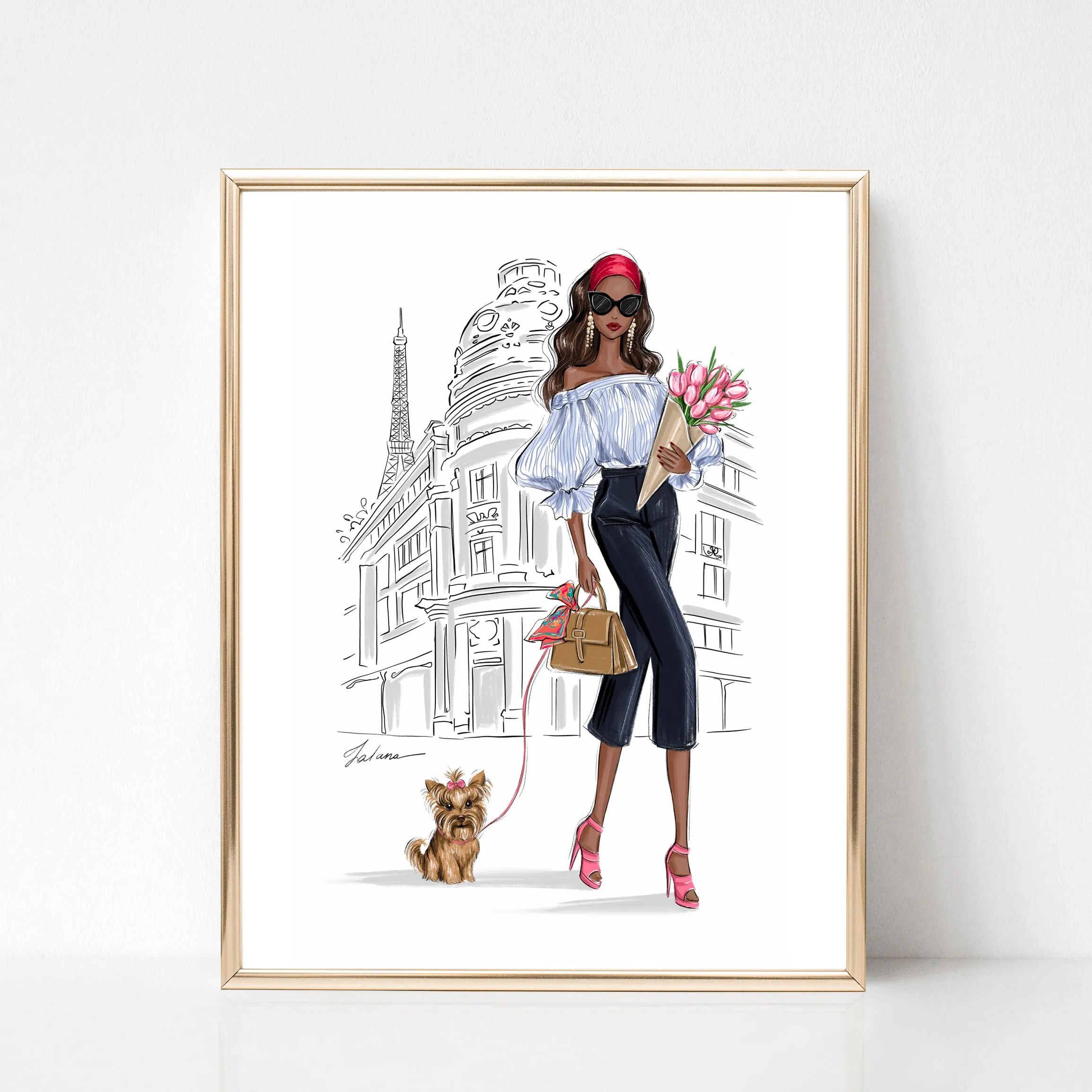 Girl in Paris with Yorkie and tulips art print fashion illustration