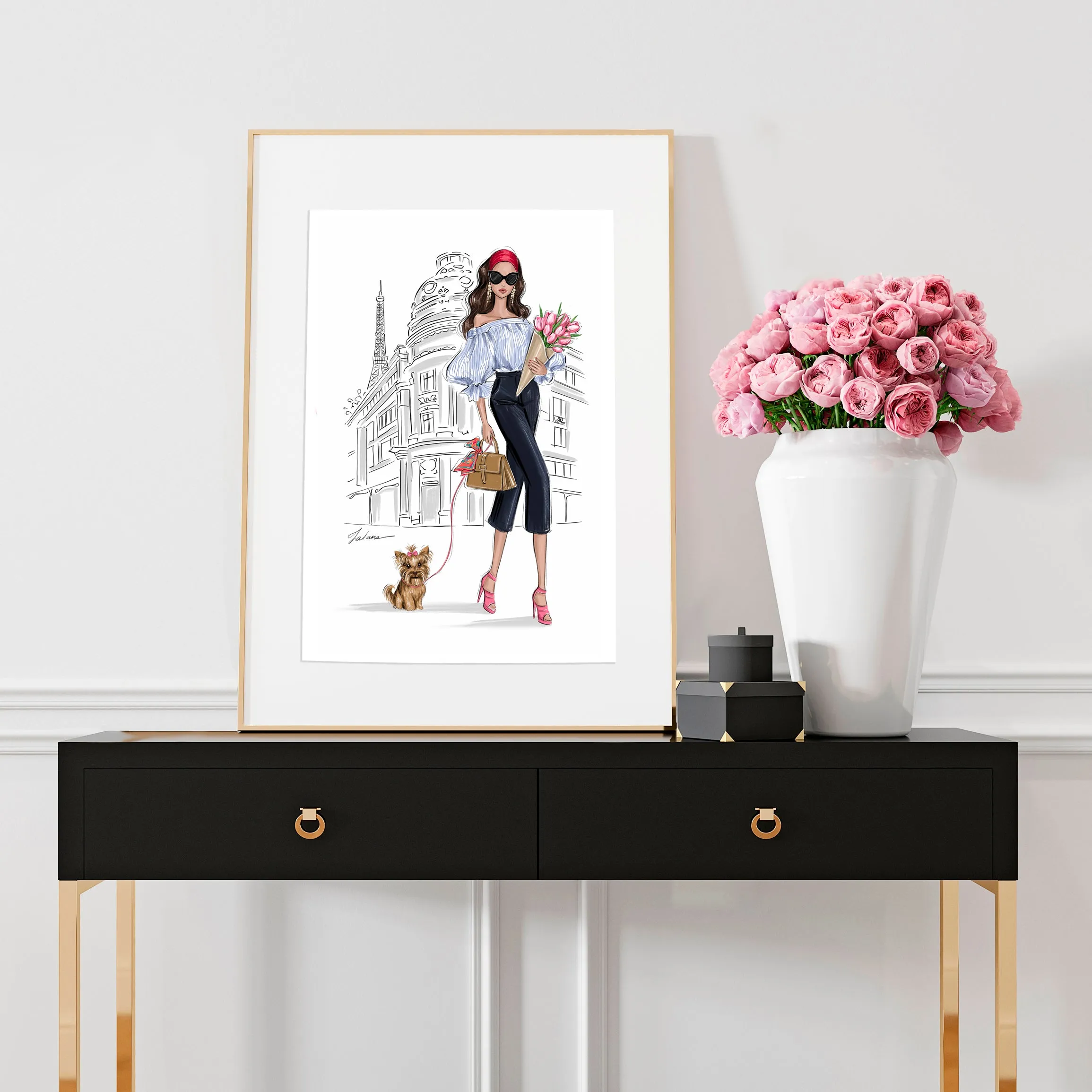 Girl in Paris with Yorkie and tulips art print fashion illustration