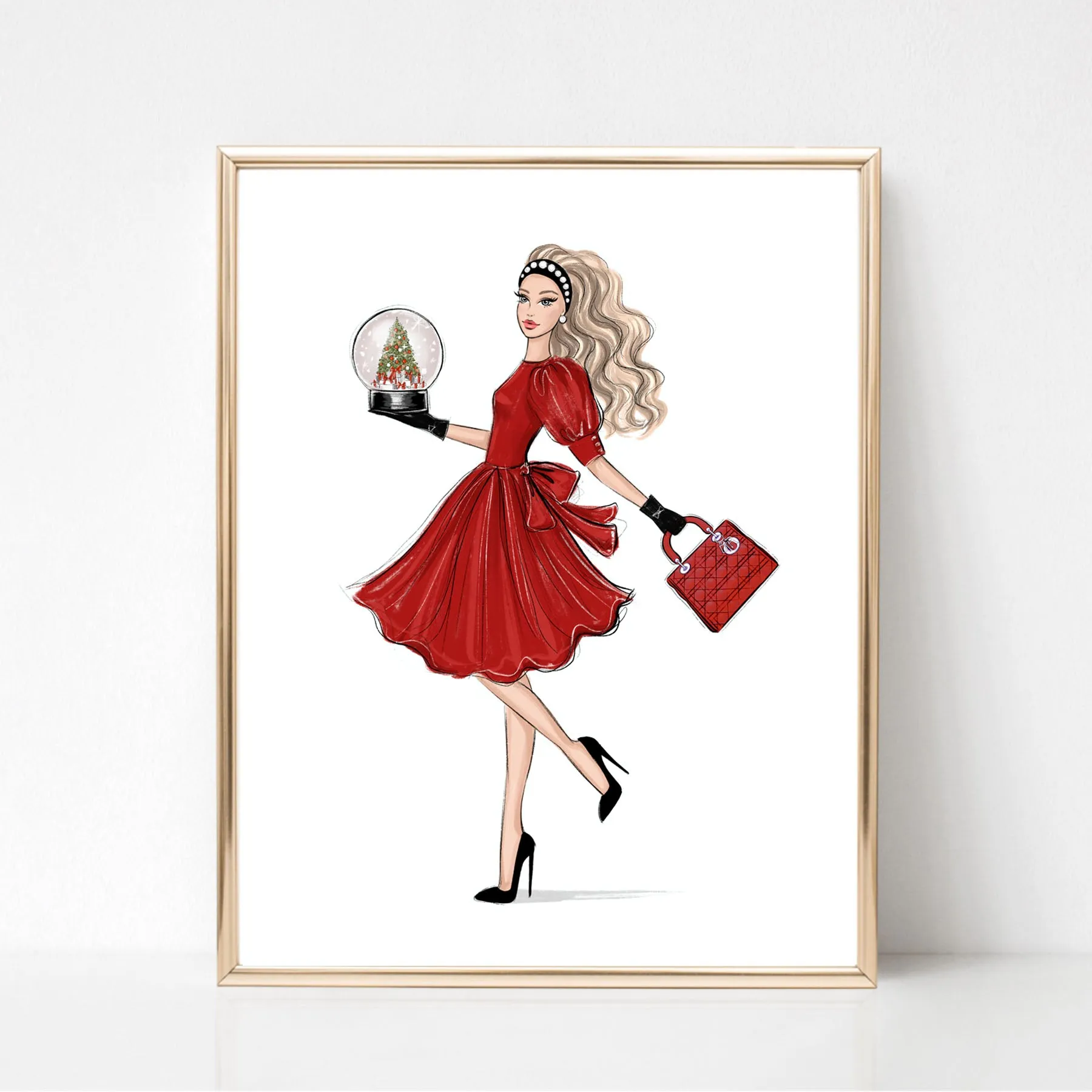 Girl in red dress with snow globe art print fashion illustration