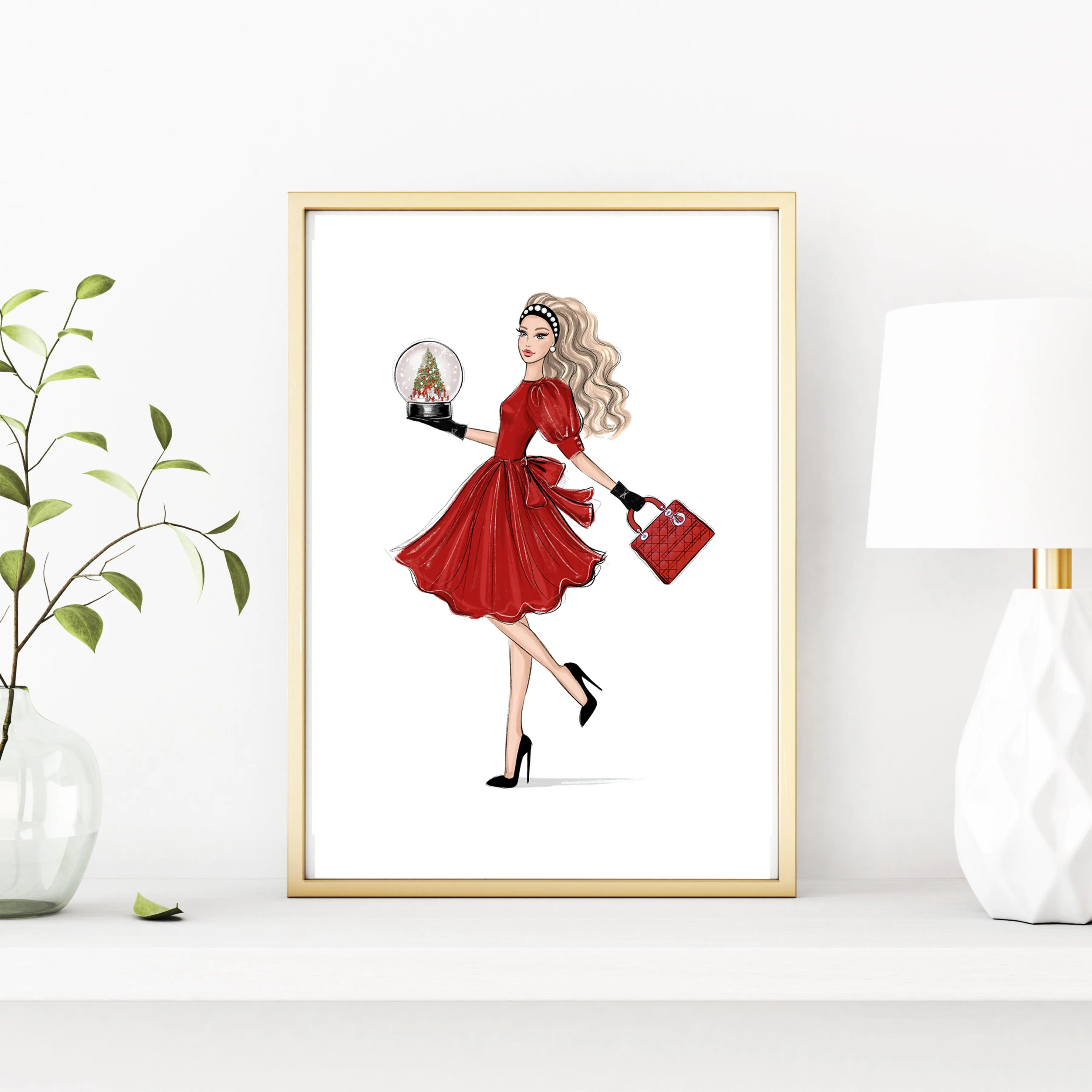 Girl in red dress with snow globe art print fashion illustration