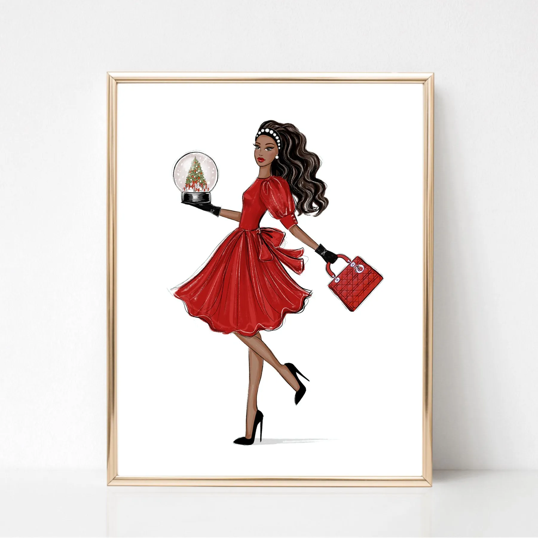 Girl in red dress with snow globe art print fashion illustration