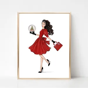 Girl in red dress with snow globe art print fashion illustration