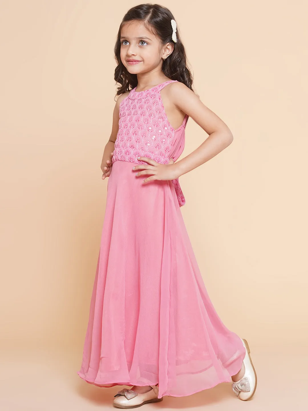 Girl's Pink Embroidered Sequence Yoke Fit & Flared Maxi Dress. - Bitiya By Bhama