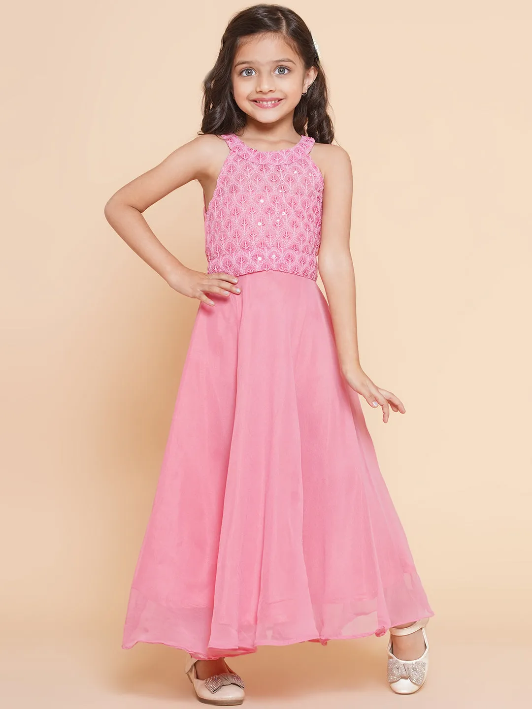 Girl's Pink Embroidered Sequence Yoke Fit & Flared Maxi Dress. - Bitiya By Bhama